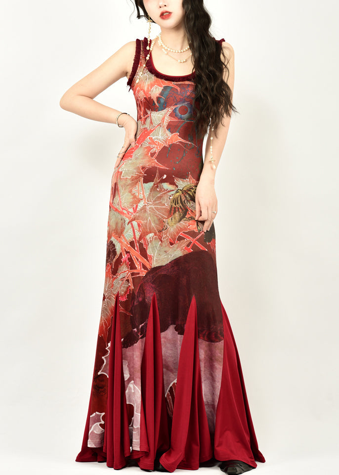 VCSHOES Red O Neck Print Patchwork Cotton Fishtail Dress Sleeveless
