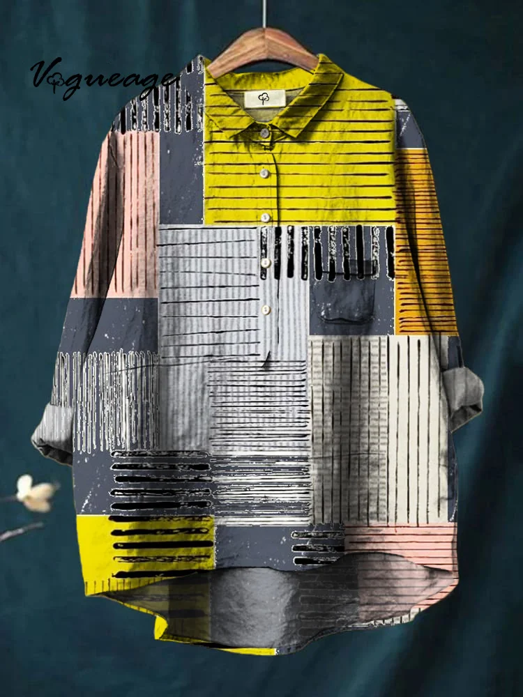Fashionable And Simple Line Color Block Splicing Printed Cotton And Linen Shirt