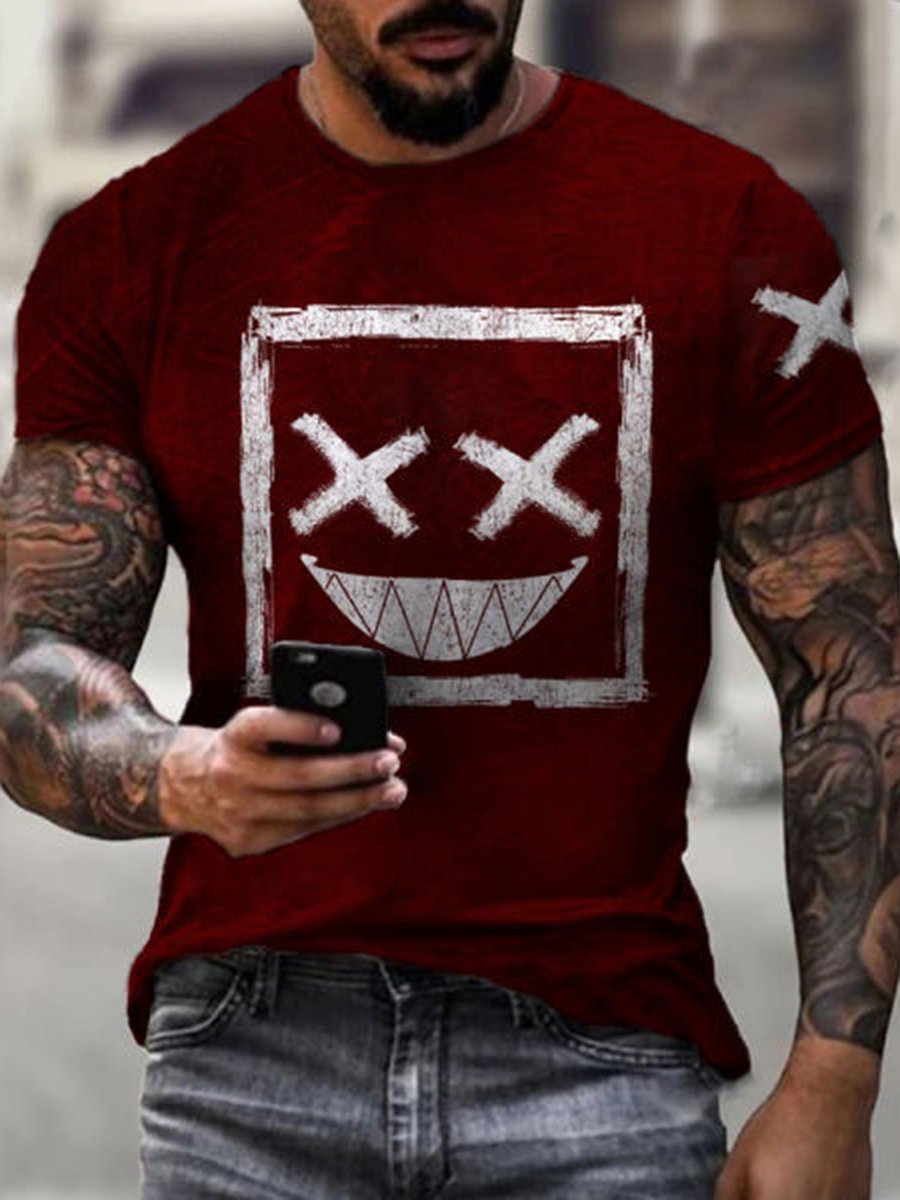 Men's smiling face casual round neck short sleeve