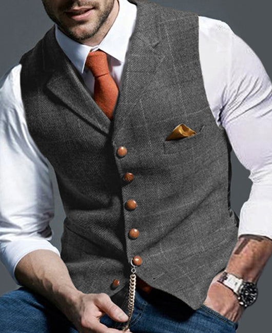 Men Lapel Collar Plaid Buttoned Waistcoat