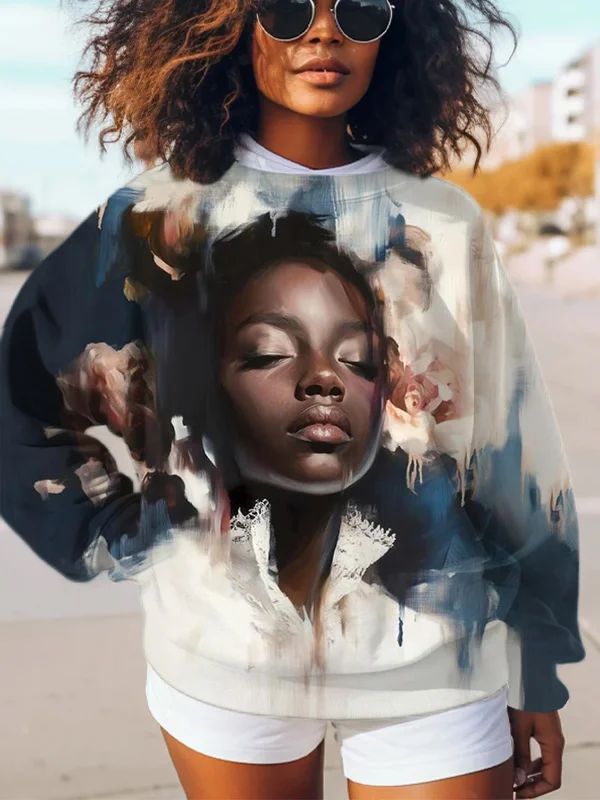 Women's Black Girl Portrait Art Print Casual Sweatshirt