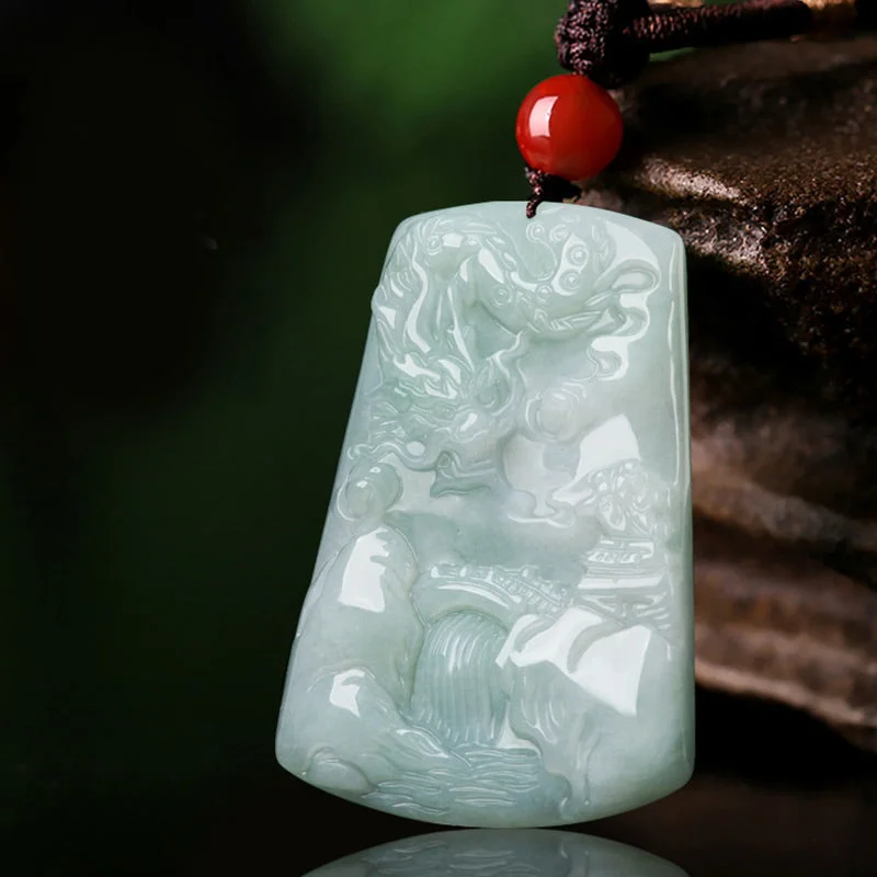 Chinese Zodiac Dragon Jade Mountain River Luck Necklace String Pendant