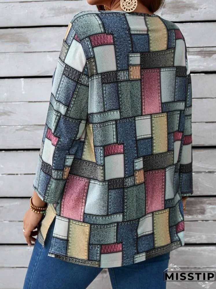 Plus Size Color Block Round Neck Casual Long Sleeve T-Shirt