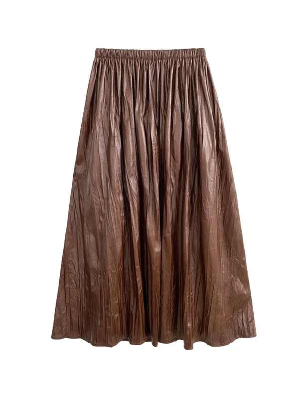 Punk Coffee High Waisted Elasticity Pleated A-Line Pu Leather Skirt