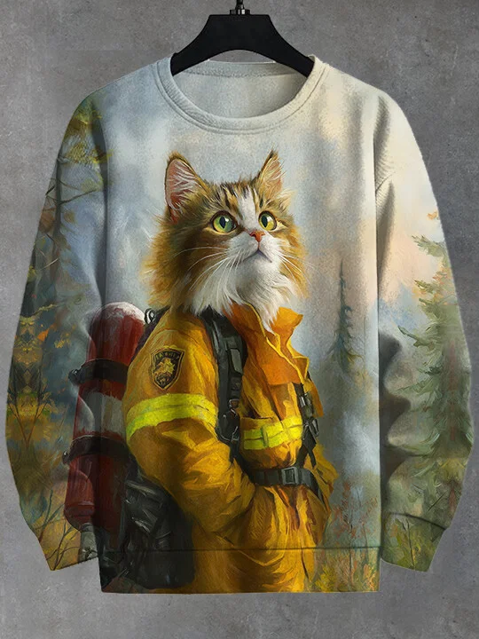 Men's Firefighter Cat Forest Art Print Casual Sweatshirt