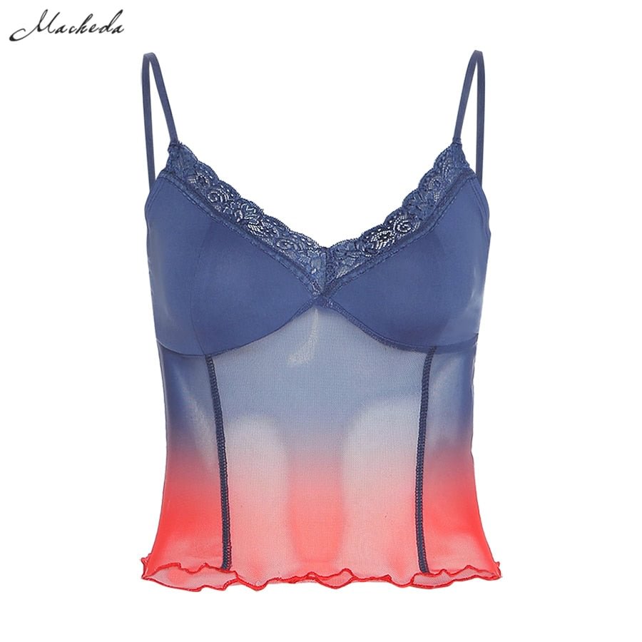 Macheda summer Sexy Mesh See through Tank Top Women Sleeveless V Neck Slim Lace Clothing Lady Fashion Cropped Top 2021 New