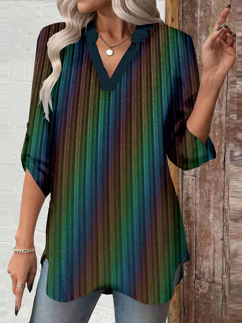 Women Gradient, Green, Red DZGA0347 3/4 Sleeve V-neck Printed Graphic Button Tops