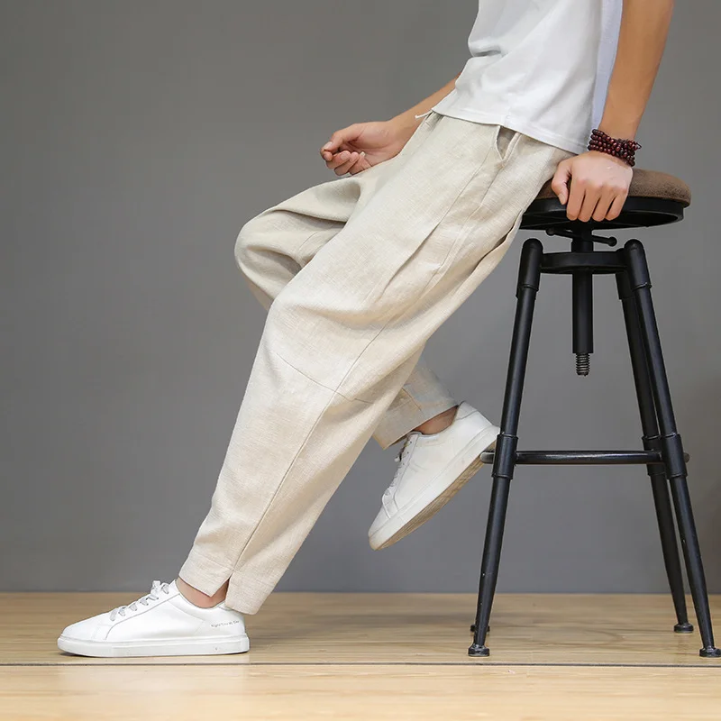 Toloer Vintage Plus Size Pants Men Cotton Linen Casual Pants Loose Plus Size Small Feet Harun Pants Solid Color Linen Trousers Men-Outfit Ideas