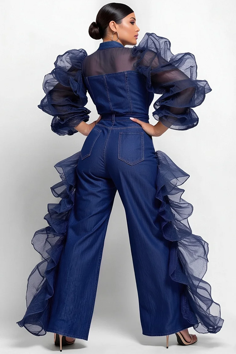 Xpluswear Design Plus Size Party Blue Round Neck Puff Sleeve 3/4 Sleeve Ruffle See Through Organza Tencel Denim Jumpsuits [Pre-Order]