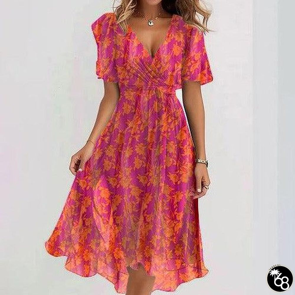 Rose Red Short Sleeve Midi Dress | 168DEAL