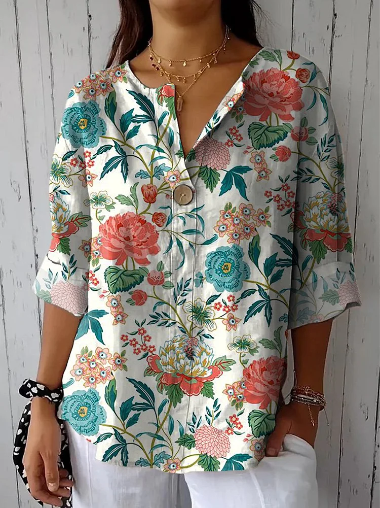 Tranquil Vintage Floral Pattern Printed Women's Casual Cotton Linen Shirt