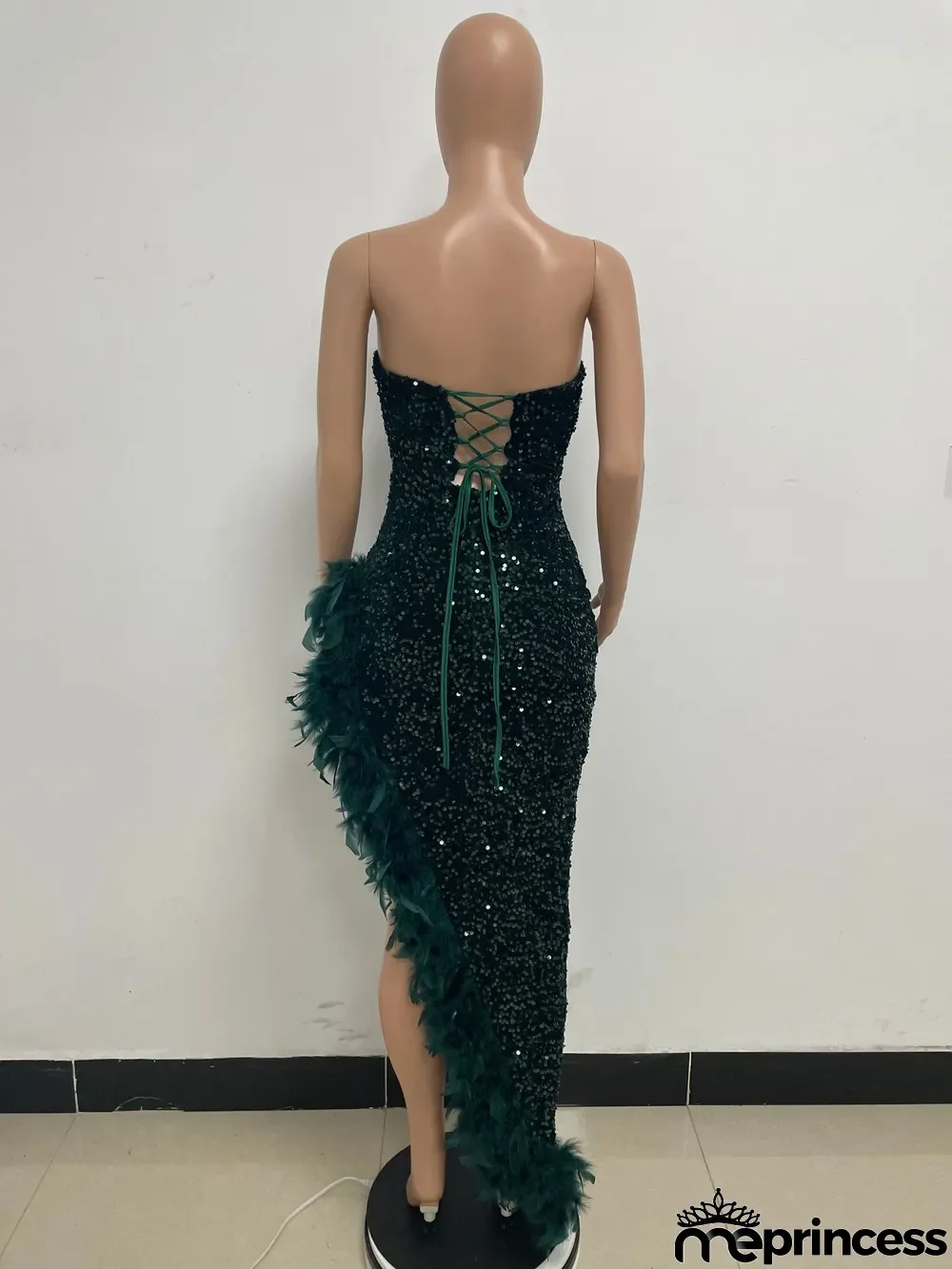 Women Sexy Off Shoulder Backless Sequin Feather Dress