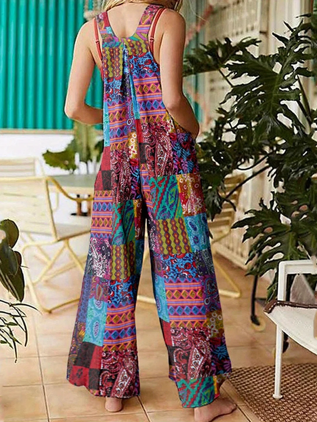 Sleeveless Summer Overalls Jumpsuit | Women's Tropical Print Romper With Pockets, Adjustable Straps & Machine Washable, Red/Blue Multicolor Ethnic Style, Comfortable Casual Attire | IFYHOME
