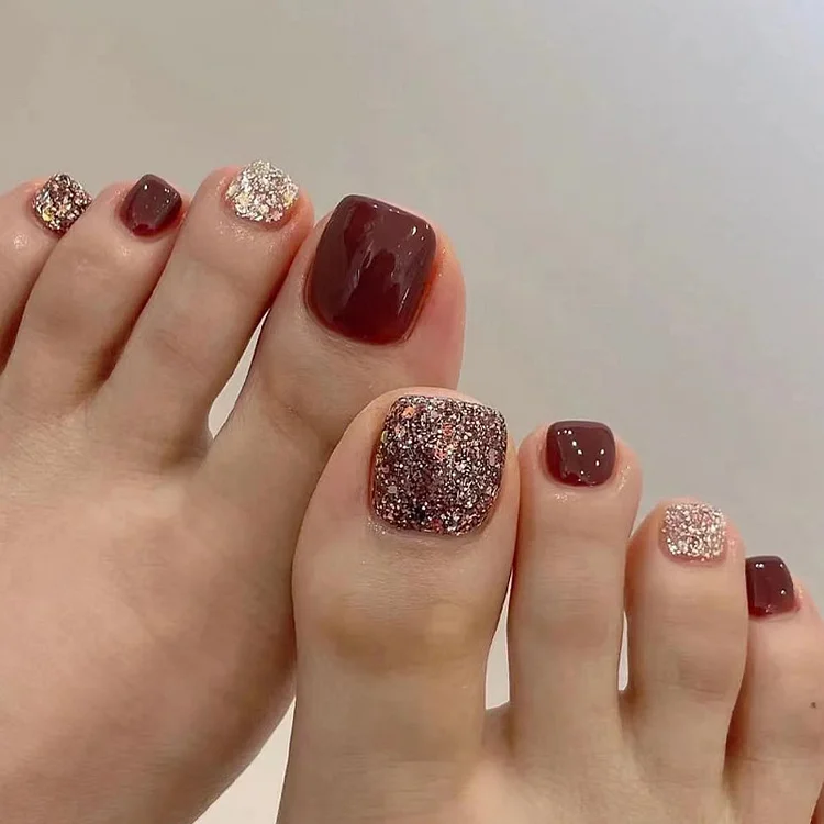 24pcs/Set Red Brown Silver Glitter Toe Nails Press On Nails