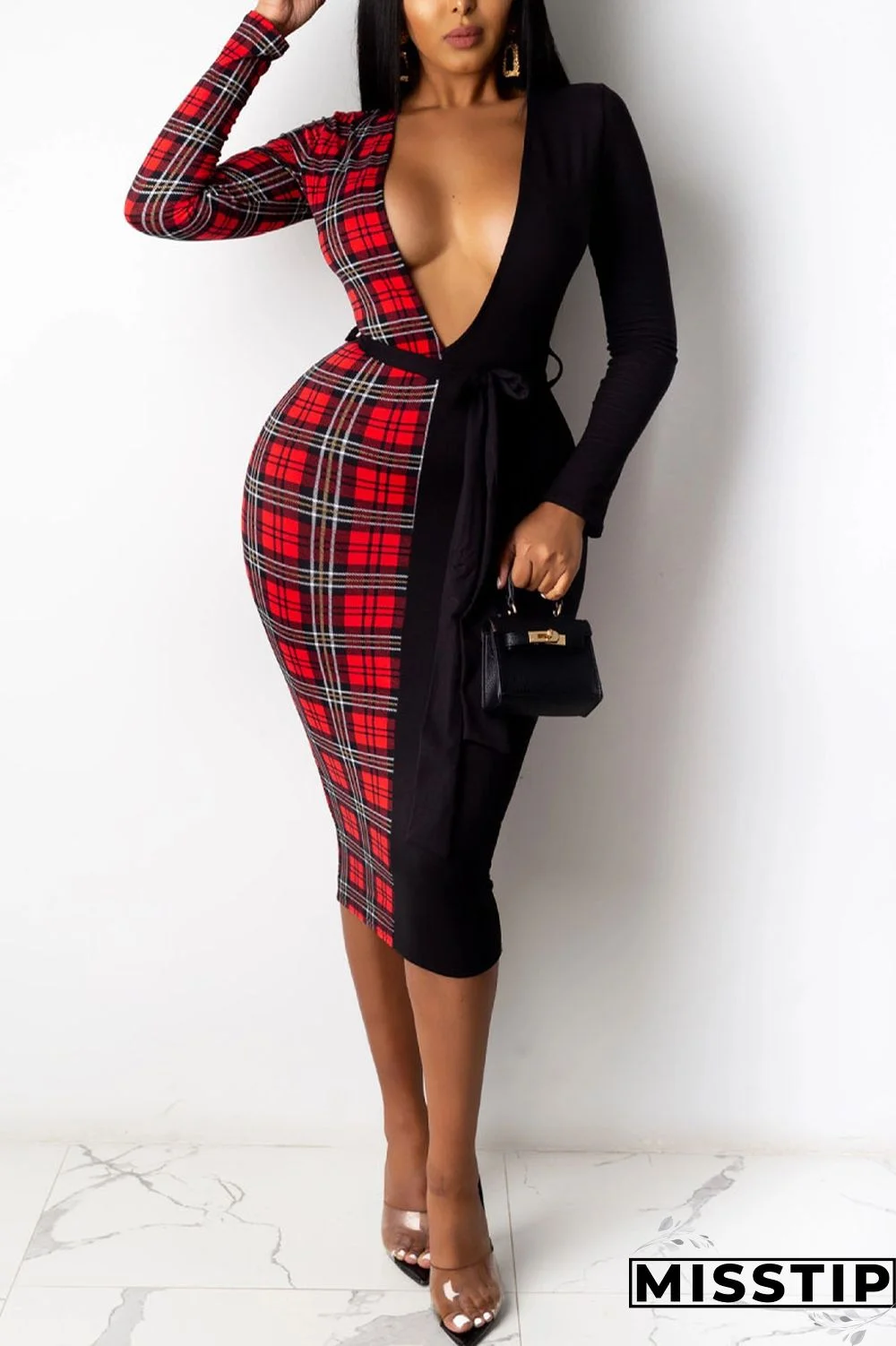 Red Elegant Print Patchwork V Neck Sheath Dresses