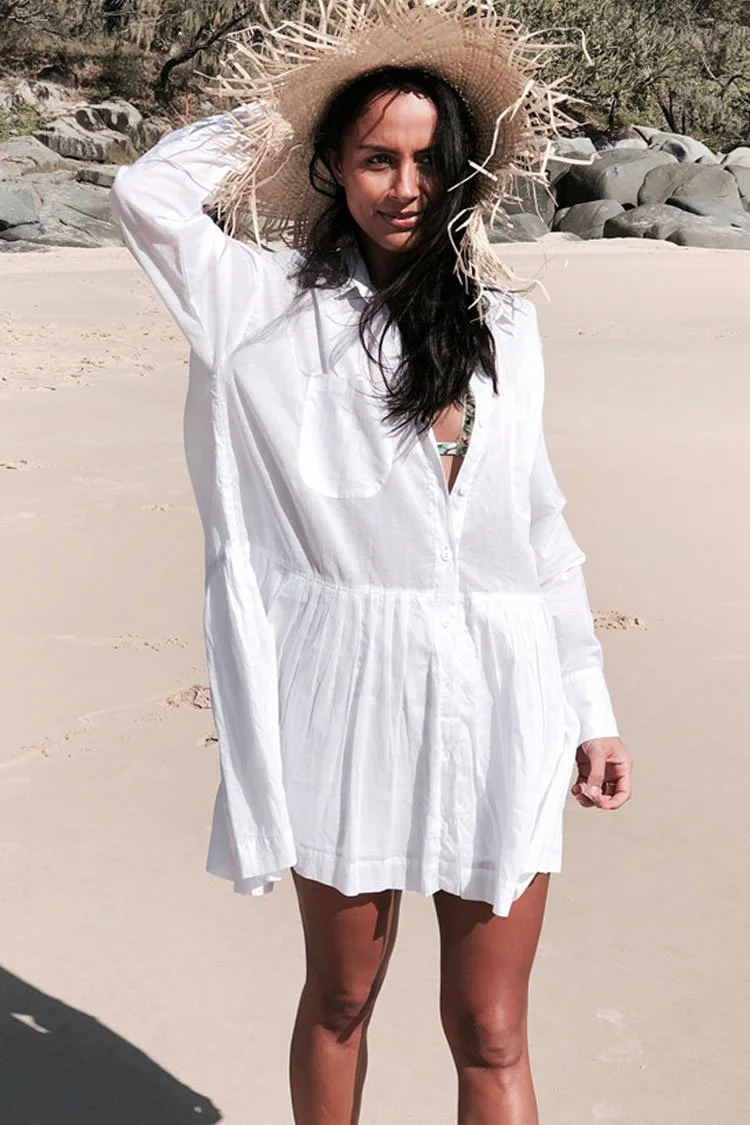Long Sleeve Patch Pocket Button Down Cover Up Blouse-elleschic