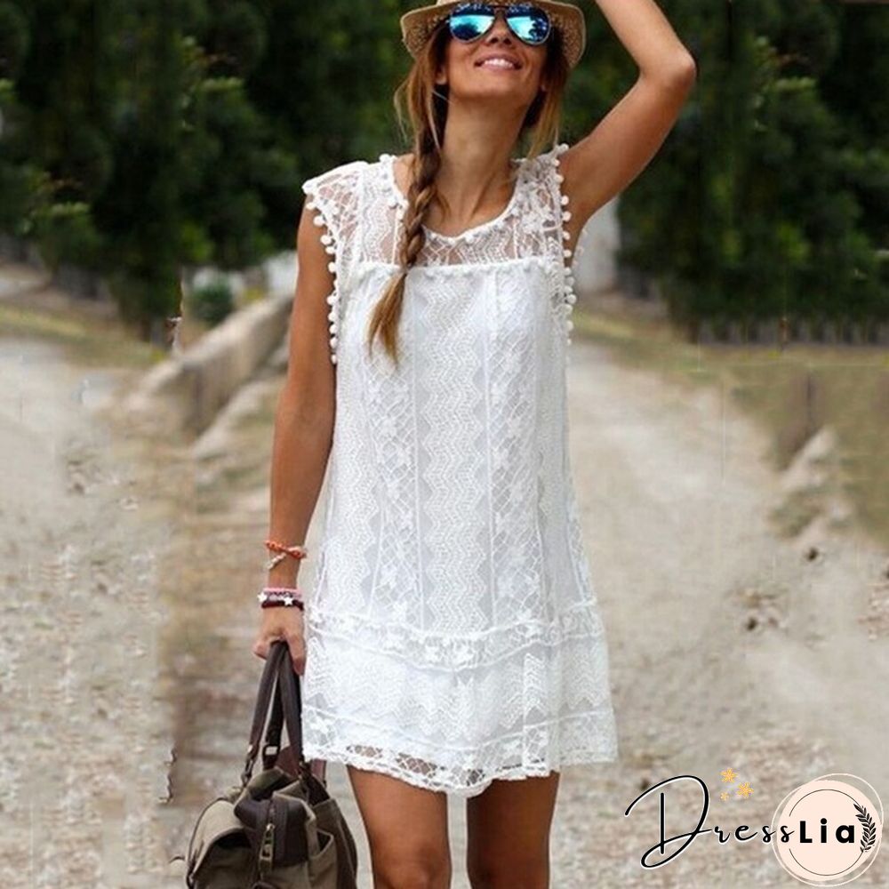 Summer dresses for women Summer Dress Fashion Sexy Women Casual Sleeveless Beach Short Tassel Solid White Mini Lace Vestidos Plus Size(S-5XL)