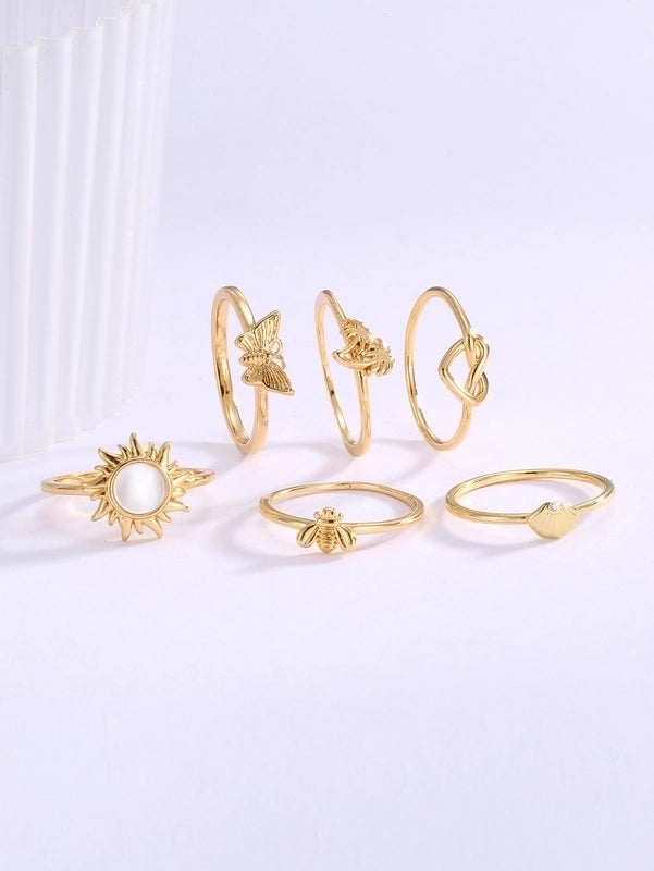 Copper 18K Gold Plated Inlay Sun Heart Shape Shell Shell Zircon Rings