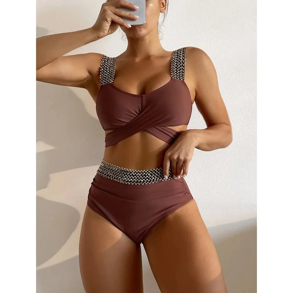 2022 New Women Two Piece Cross Wrap Bathing Suit Tie Back High Waist Tummy Control Swimsuit Curvy Bikini Set Swimwear biquini