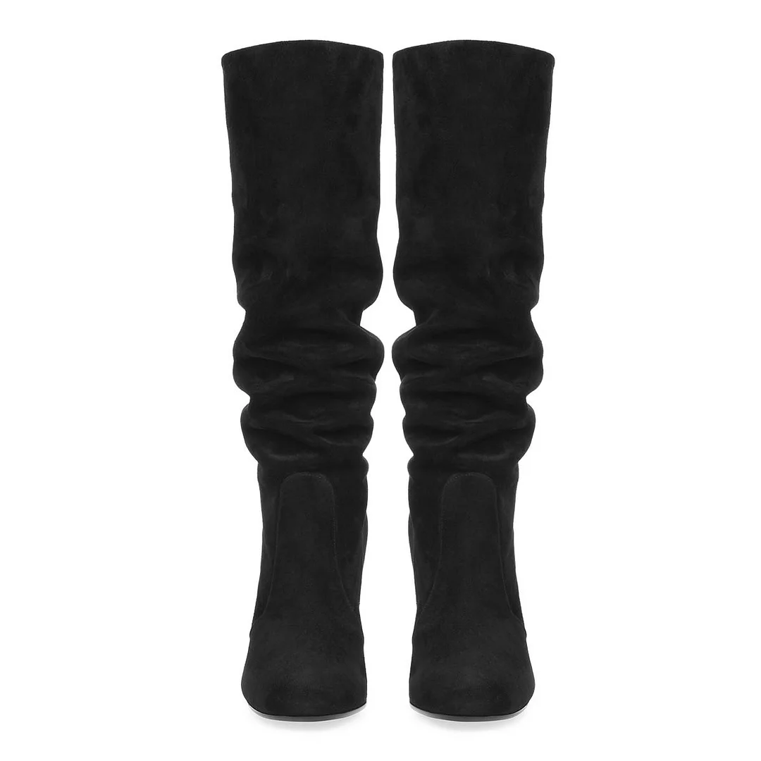 Black Vegan Suede Chunky Heel Round Toe Slouch Knee High Boots