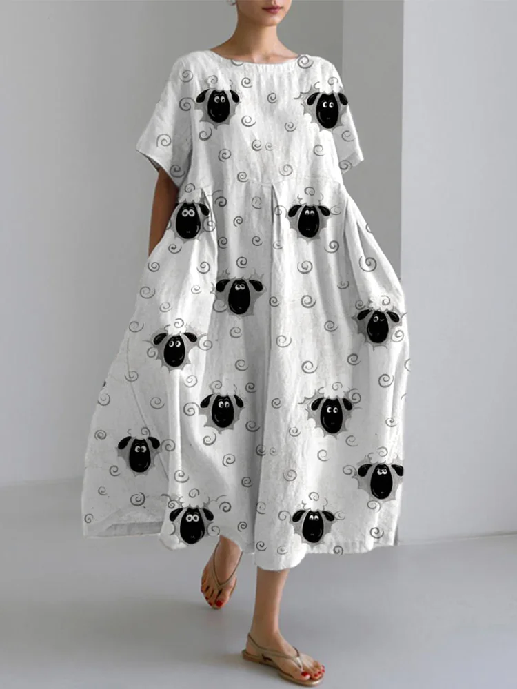 Cute Sheep Art Print Linen Blend Dress