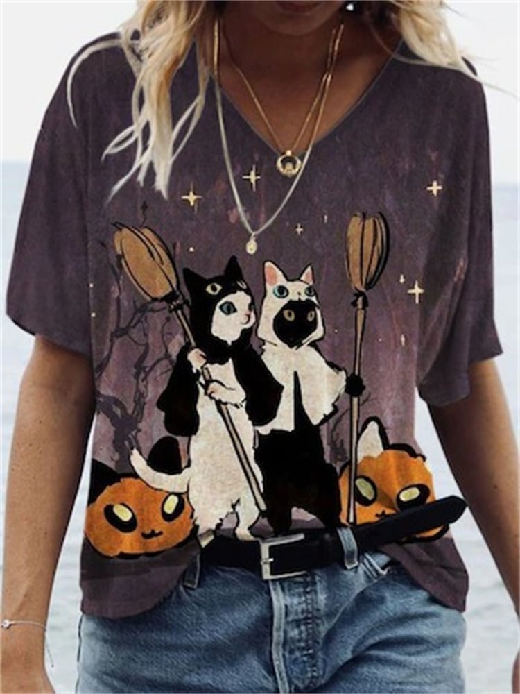 Artwishers Lovely Halloween Cat Witches V Neck T Shirt