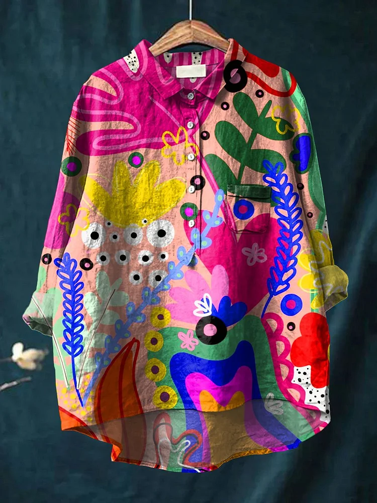 Abstrct Art Printed Women's Casual Cotton And Linen Shirt
