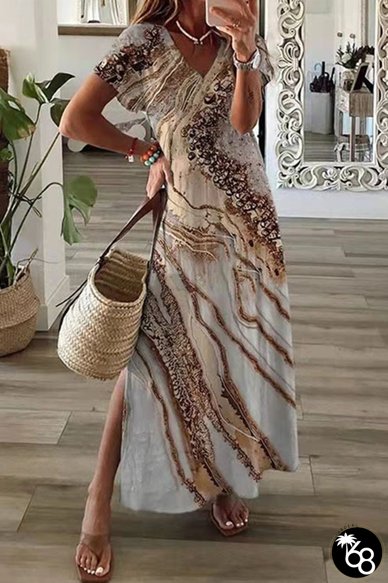 Casual Print Patchwork V Neck Straight Dresses(8 Colors) | 168DEAL