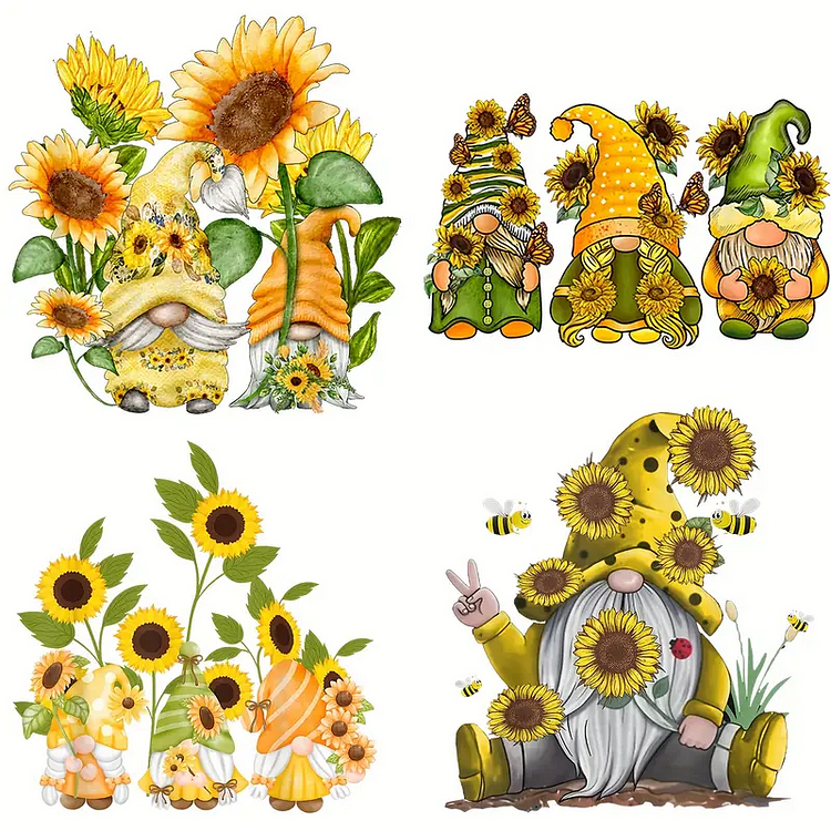 4pcs/set Funny Hippie Sunflower Gnome Sublimation Heat Transfer For T-Shirt Arts Craft Home Decors