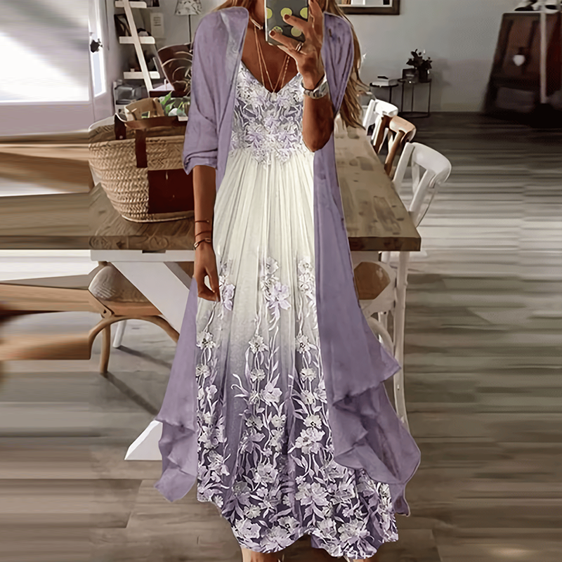 Two Piece Casual Ruffled V-neck Floral Printed Maxi Dress