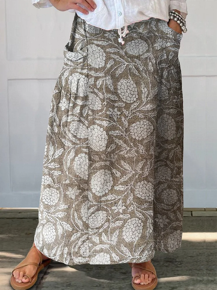 Women's  Floral  Print  Linen Pocket Skirt