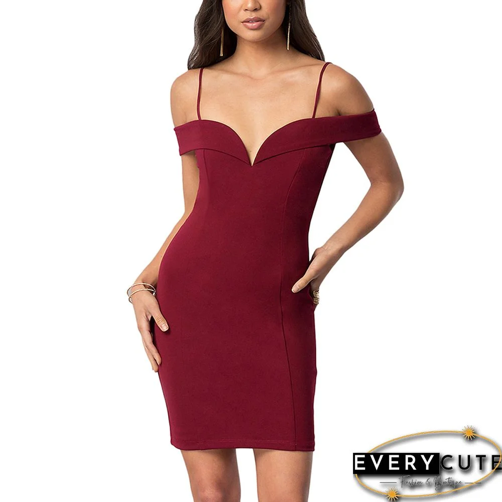 Wine Red Spaghetti Strap Evening Midi Dress