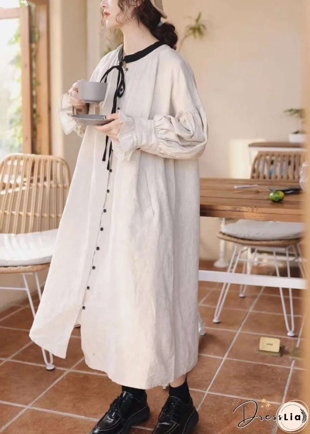 Organic Beige Lace Up Button Patchwork Linen Dress Lantern Sleeve