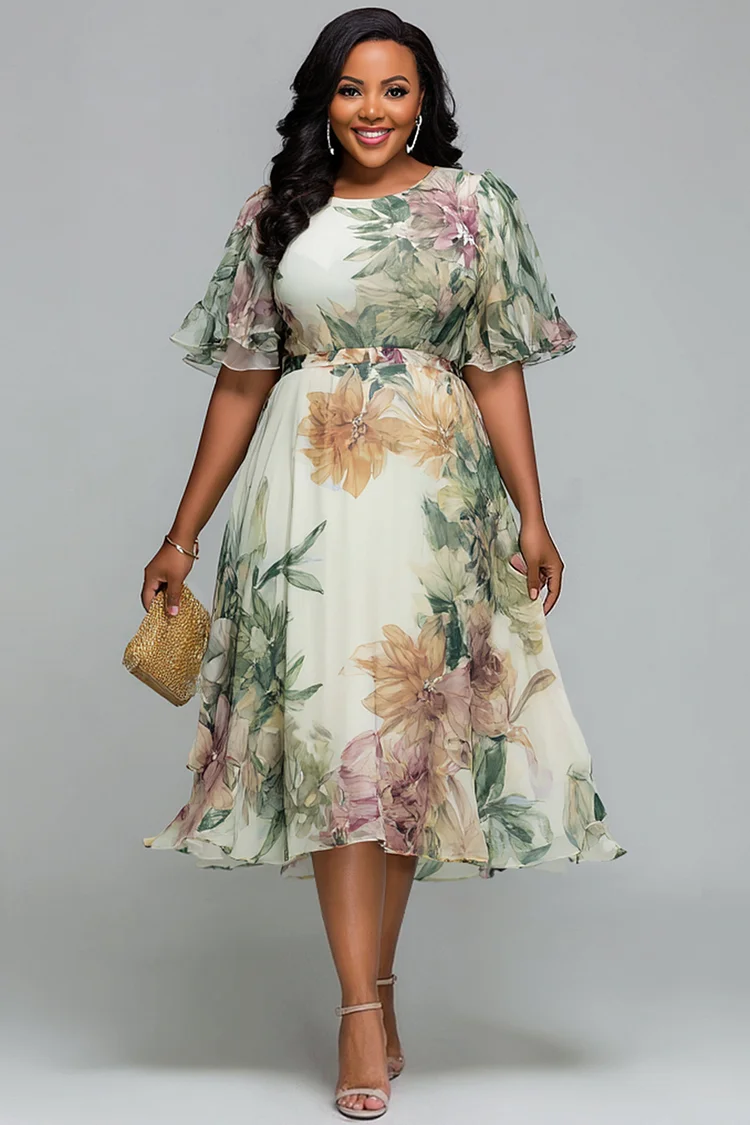 Xpluswear Design Plus Size Cocktail Party Sage Green Floral Round Neck Short Sleeve Chiffon Midi Dresses 2024 - Xpluswear