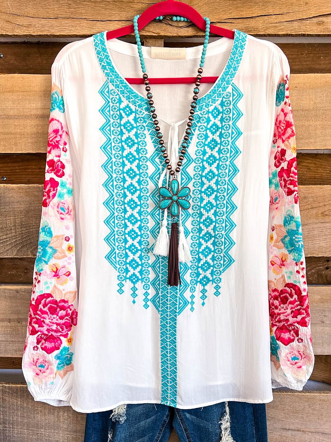 V Neck Casual Long Sleeve Floral Blouse