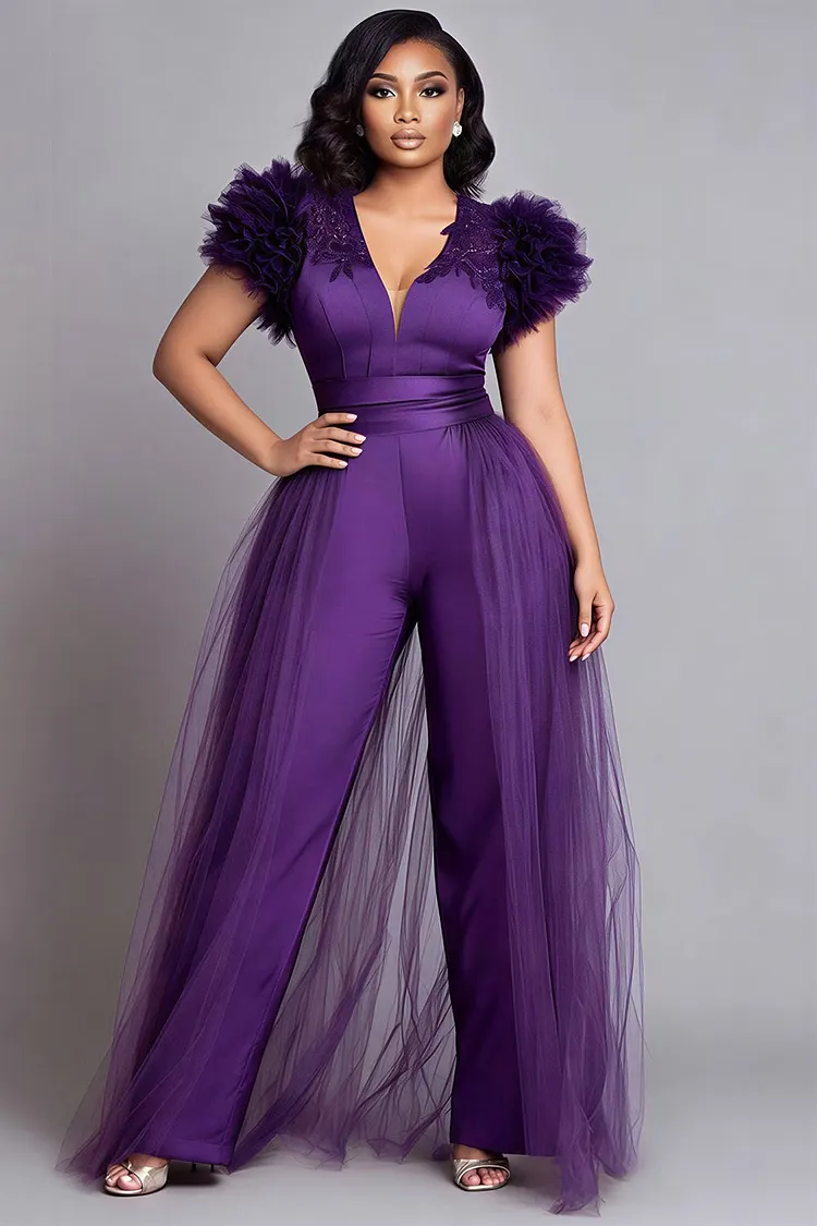 Xpluswear Design Plus Size Formal Tulle Purple V Neck Short Sleeve With&nbsp;Skirt&nbsp;Overlay Ruffle Satin Jumpsuits [Pre-Order] 2024 - Xpluswear