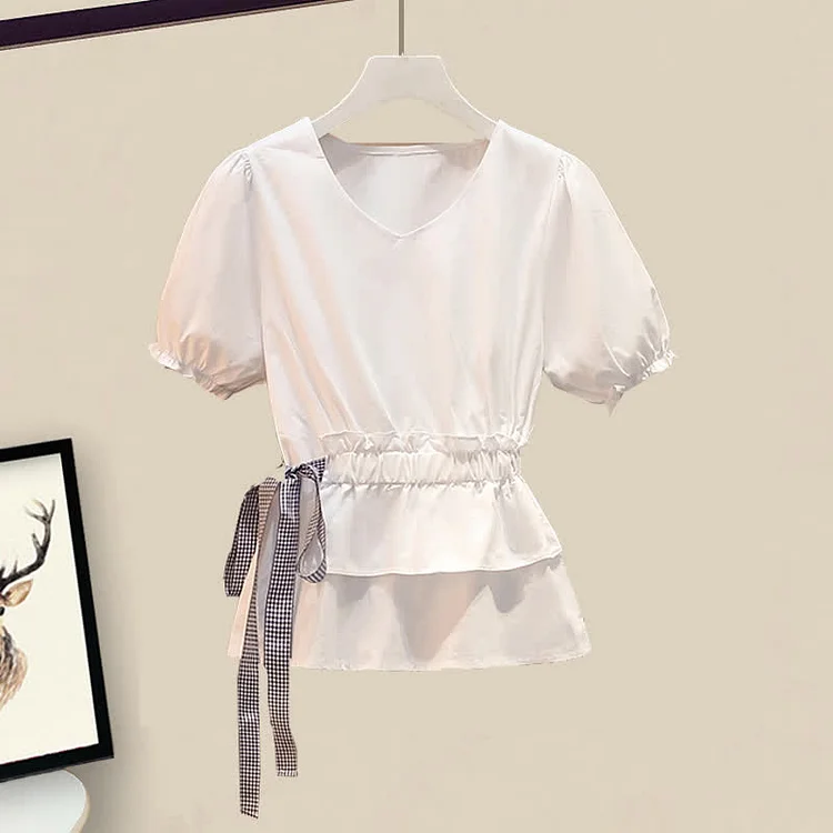 V-neck Bowknot Ruffled T-Shirt Lace Up Wide Leg Pants - Modakawa modakawa
