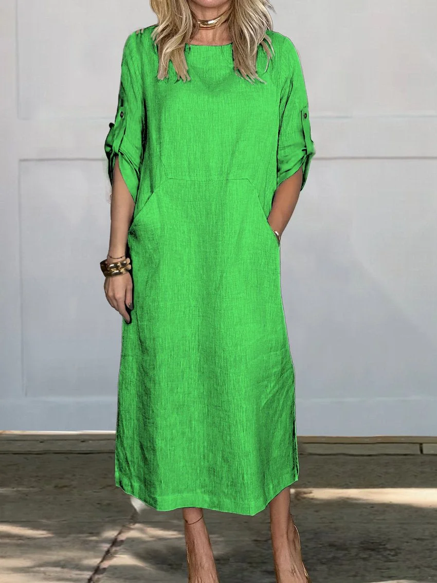 Women's Comfortable Solid Color Linen Pocket Dress