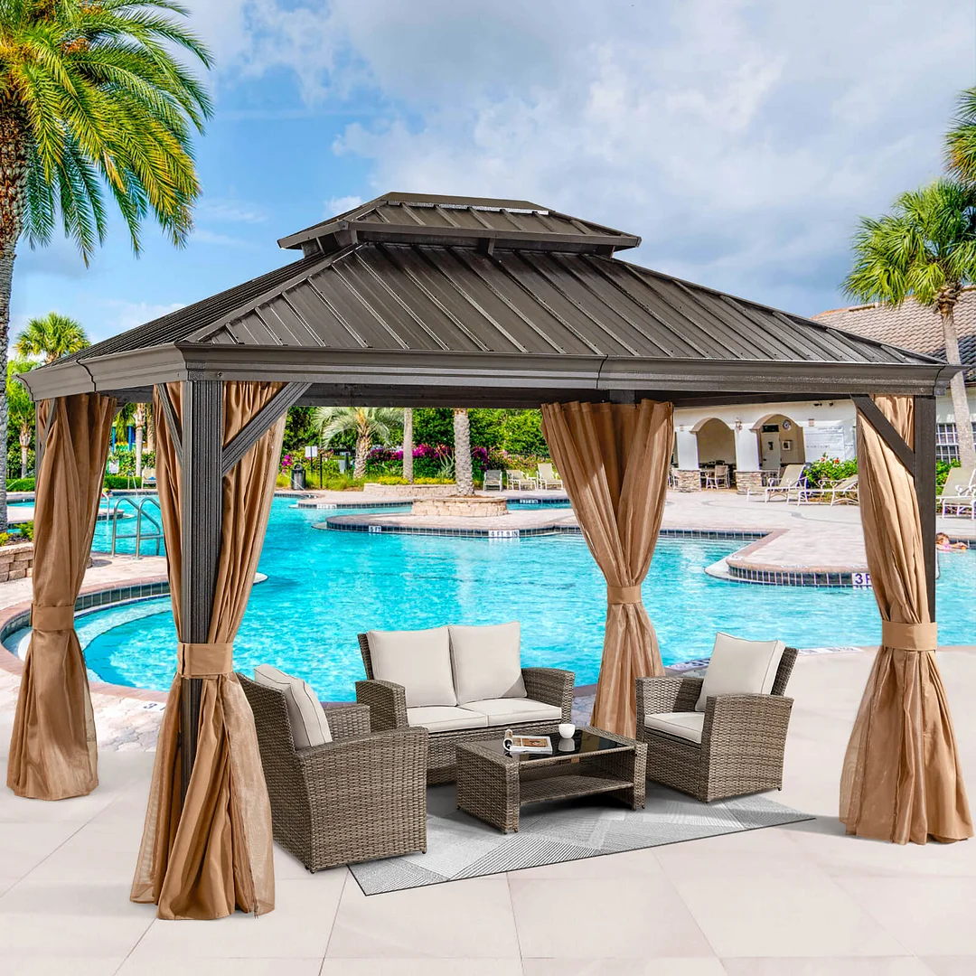 10'X12' Hardtop Gazebo Galvanized Steel Double-Roof Gazebo W/ Netting & Curtain, Brown