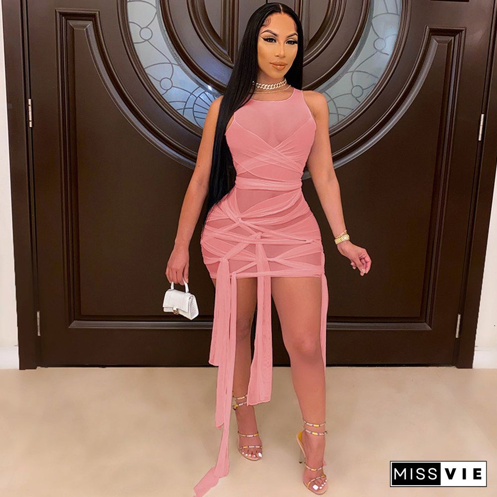 ANJAMANOR Sexy Mesh Bandage Dress Summer ClothesFor Women Birthday Party Club Outfits Bodycon Mini Dresses D12-BI30