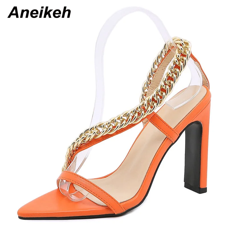 Aneikeh Summer Fashion PU Metal Chain Women's High Sandals 2022 NEW Sewing Platform Heigh Square Heels Buckle Strap Shallow Sexy