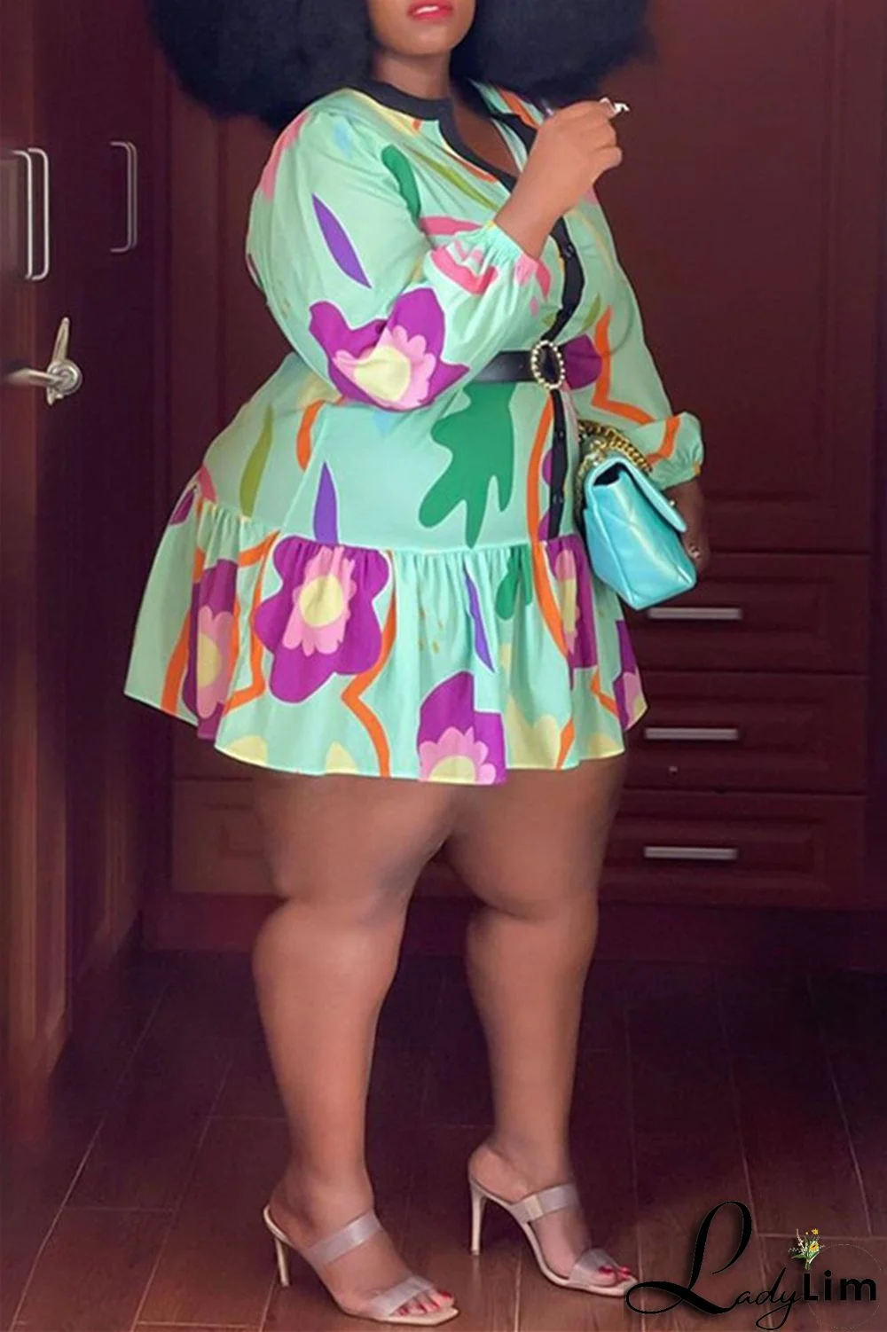 Green Fashion Casual Print Patchwork With Belt O Neck Long Sleeve Plus Size Dresses