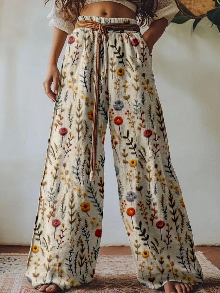 Vintage Boho Flowers Embroidered Linen Blend Casual Pants