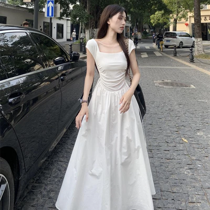 Chatztokens New Maxi Women Pleated Dresses Korean Solid A-line Robe Femme Fashion High Waist Drawstring Summer Dress 2025 Vestidos De Mujer