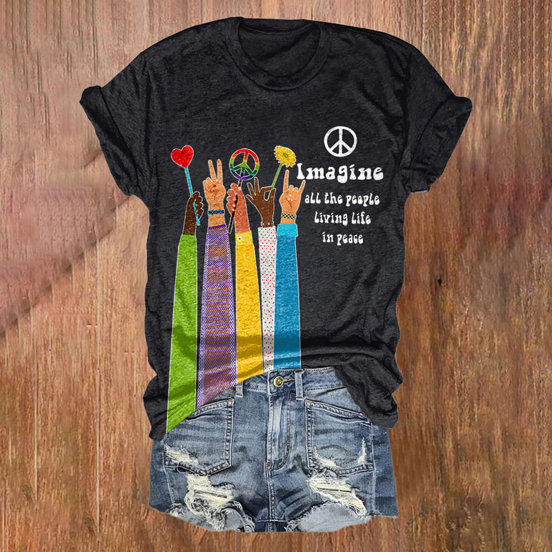 Comstylish Retro Hippie Imagine All The People Living Life In Peace Print Shirt
