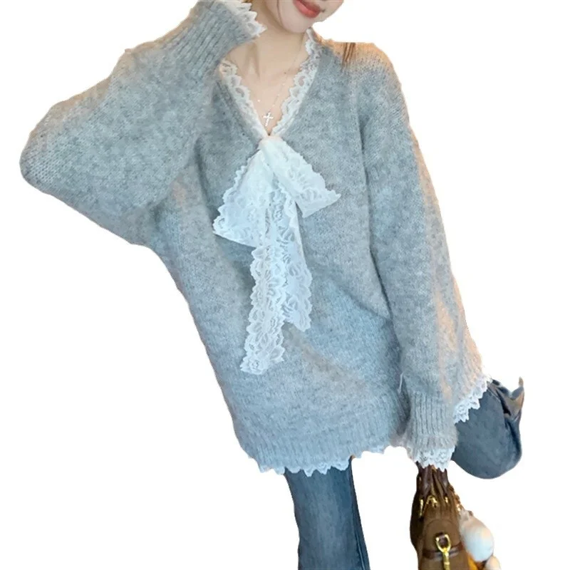 Churchf Churchf Type Advanced Feeling Catch Spell Lace Bow False Two Knit Sweater Female Autumn Dong New Style Languid Lazy Wind Bottom Sweater