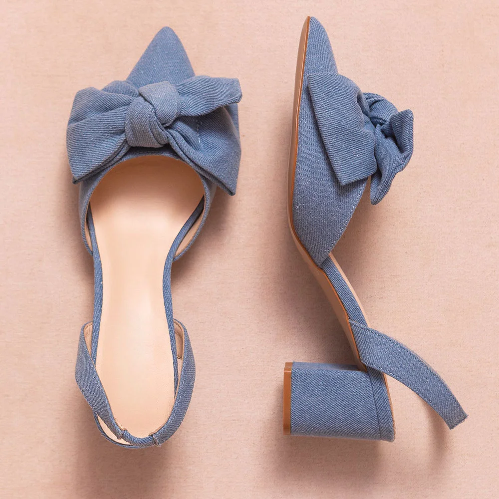 Elegant Blue Denim Pointed Toe Slingback Heels with Bow Accent