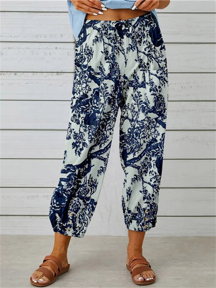 New Cotton and Linen Women's Pants Nine-minute Pants Elastic Waist Drawstring Feet Vintage Printed Pants