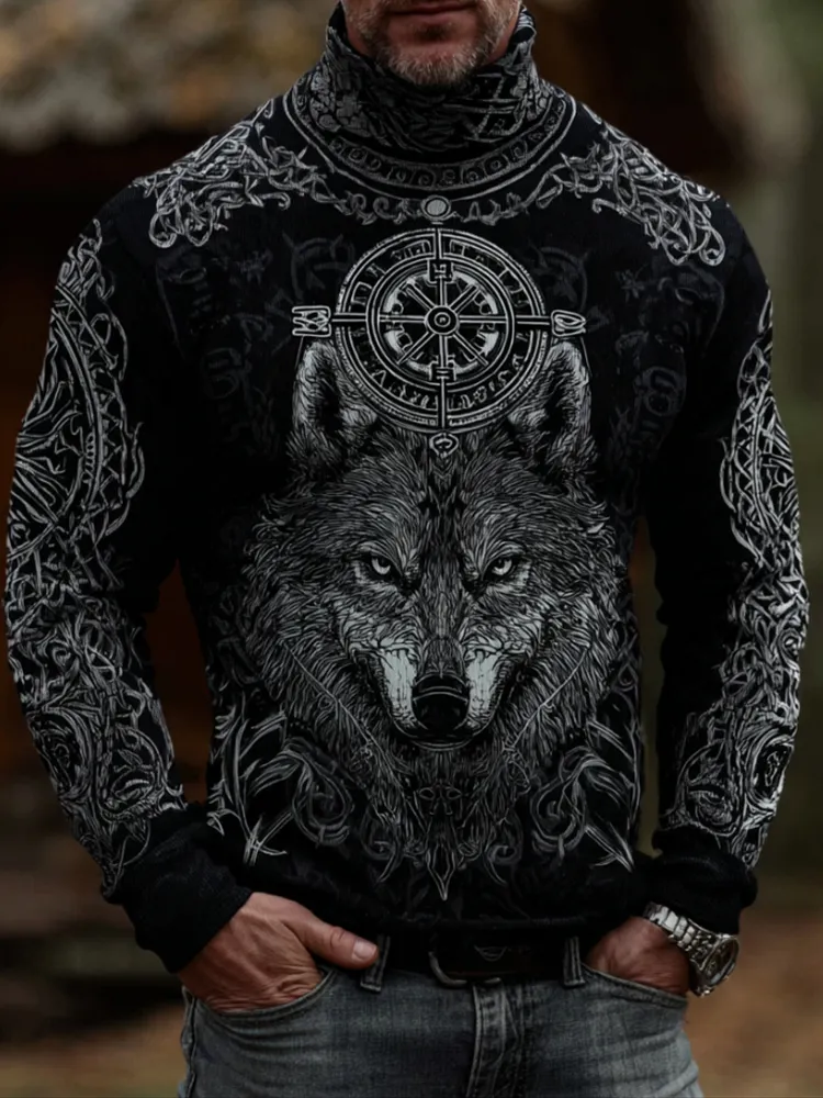 Retro Viking Celtic Knot Wolf Head Viking Compass Art High Neck Sweater