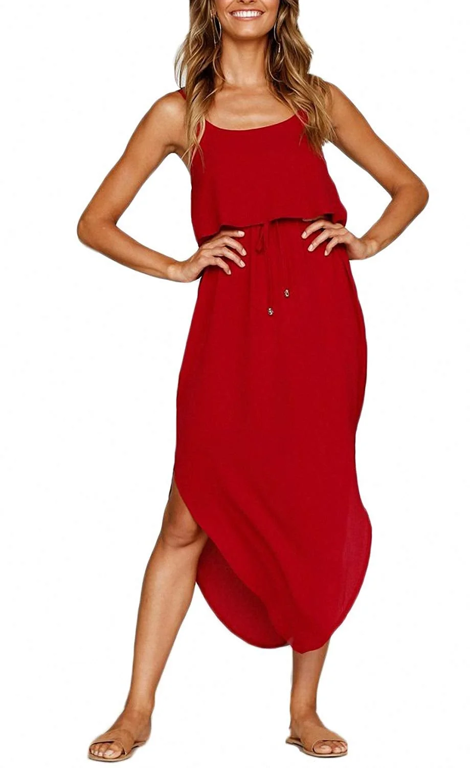 Women's Adjustable Strappy Split Summer Beach Casual Midi Dress